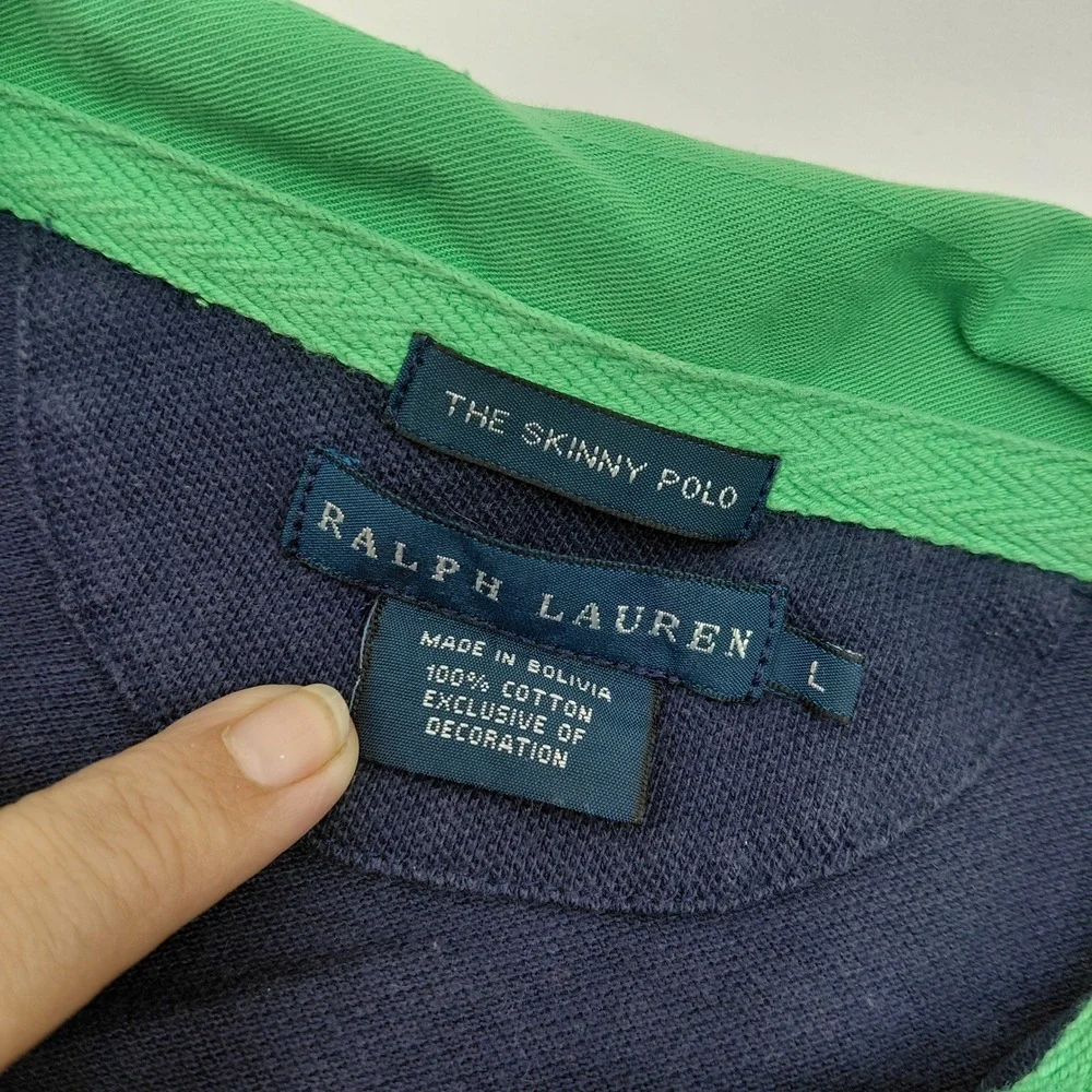 Ralph Lauren Kids L Blue Skinny Polo Shirt Green Sash Big Pony Orange Logo Y2K